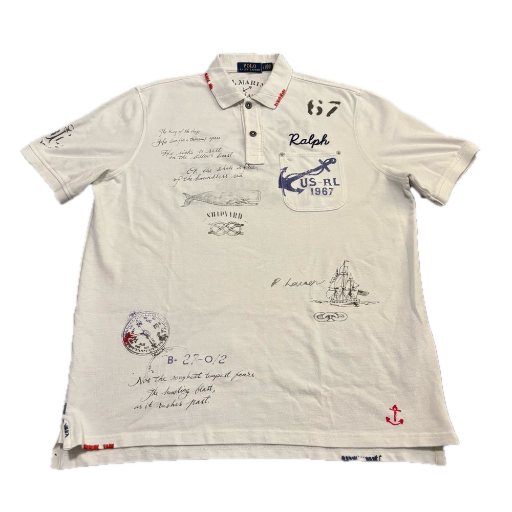 Polo Ralph Lauren Classic Fit Mesh Nautical Graphic Polo Shirt White Mens L